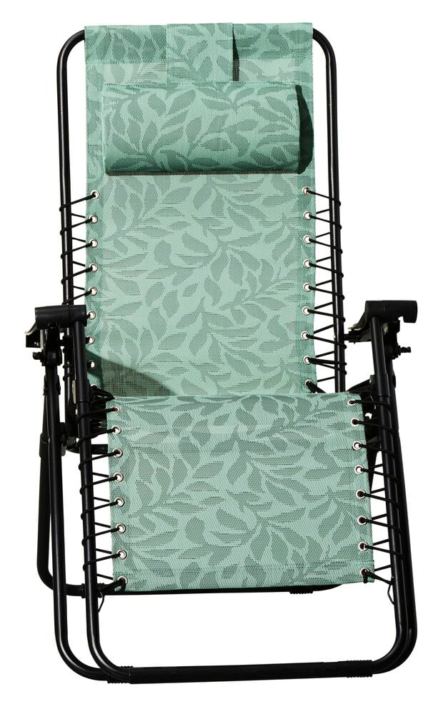 Grønn sammenleggbar solstol med justerbar rygg og pute.