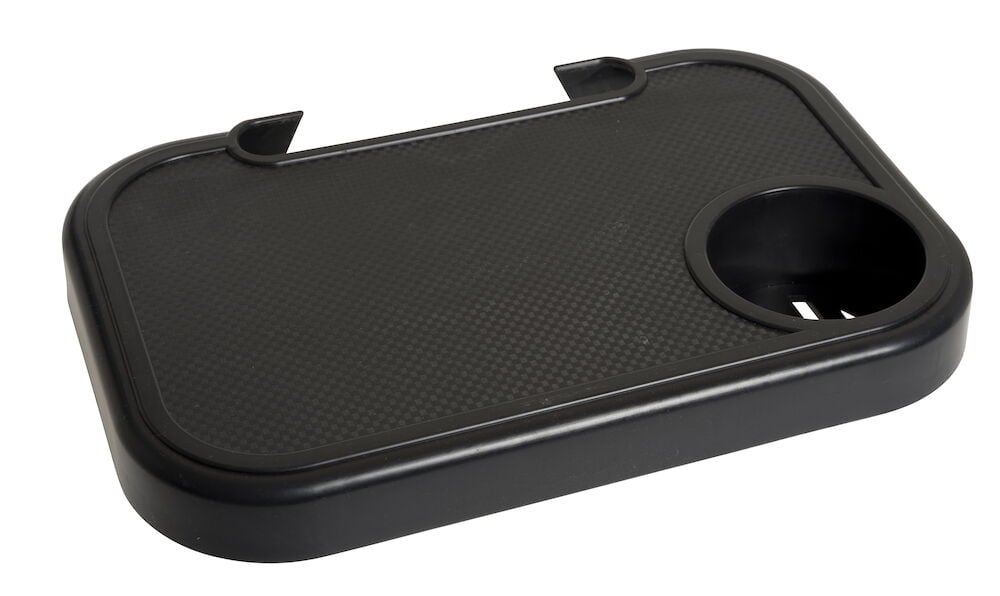 Svart rektangulært plastbord med innebygd koppholder.