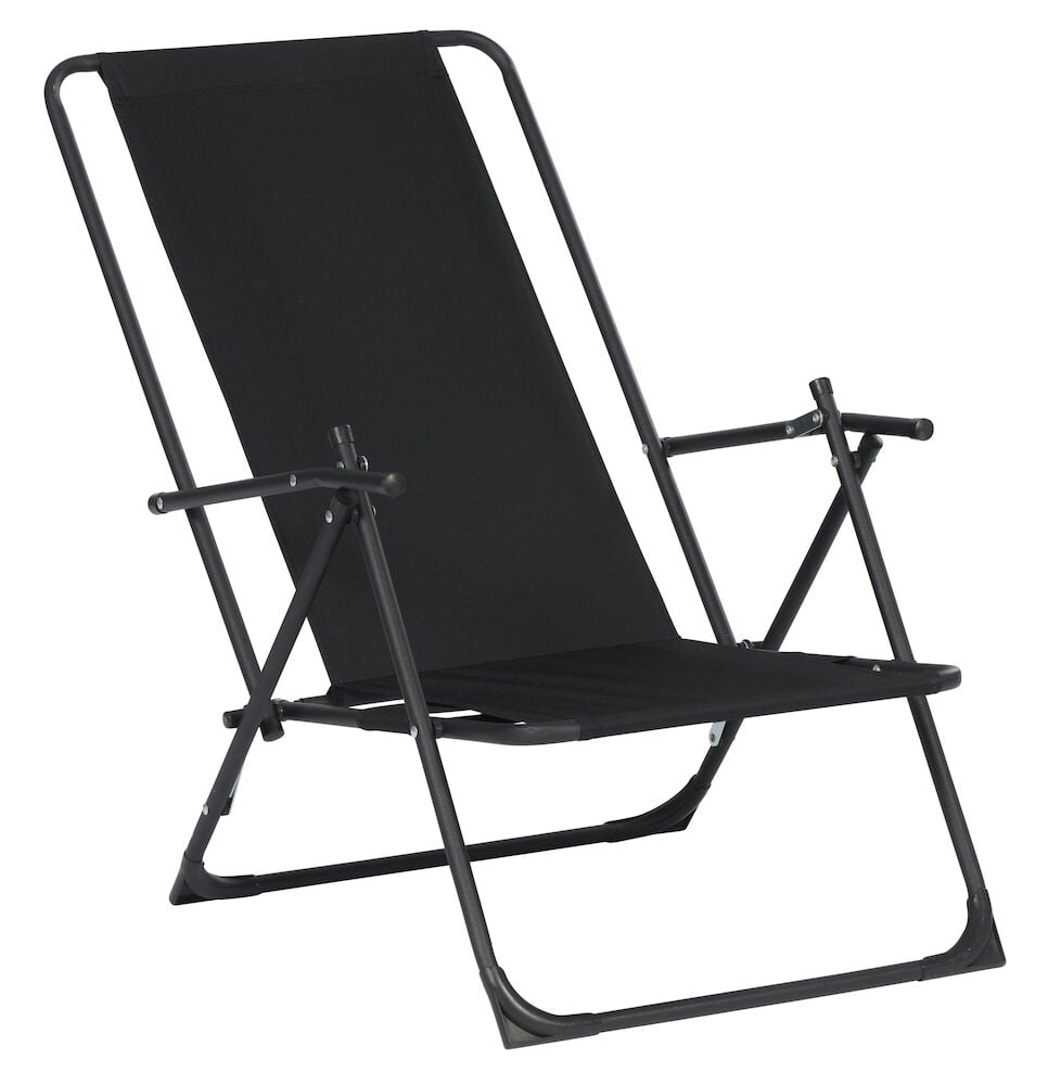 Schwarzer klappbarer Strandstuhl mit Armlehnen.