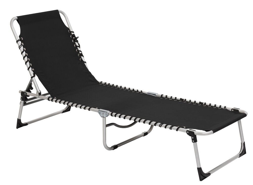 Schwarze Aluminium-Sonnenliege Capri mit verstellbarer Rückenlehne und Gummiseil-Spannung.