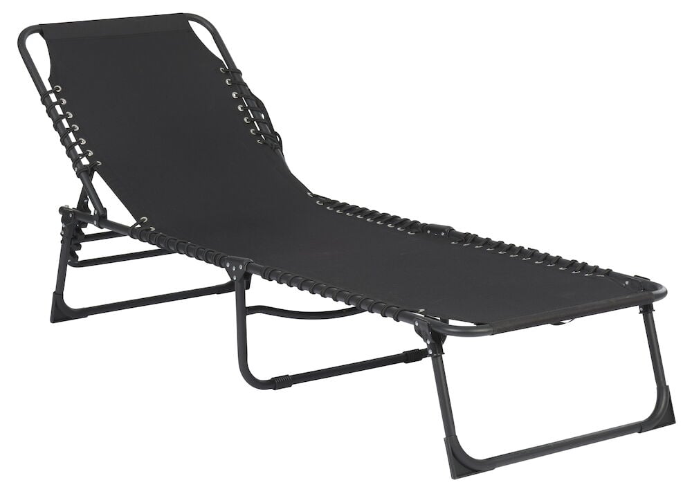 Schwarze klappbare Sonnenliege mit verstellbarer Rückenlehne.
