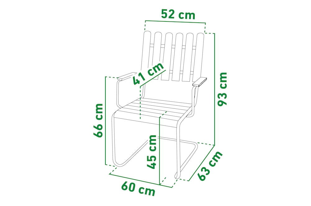 Ritning av stol med markerade mått i centimeter.