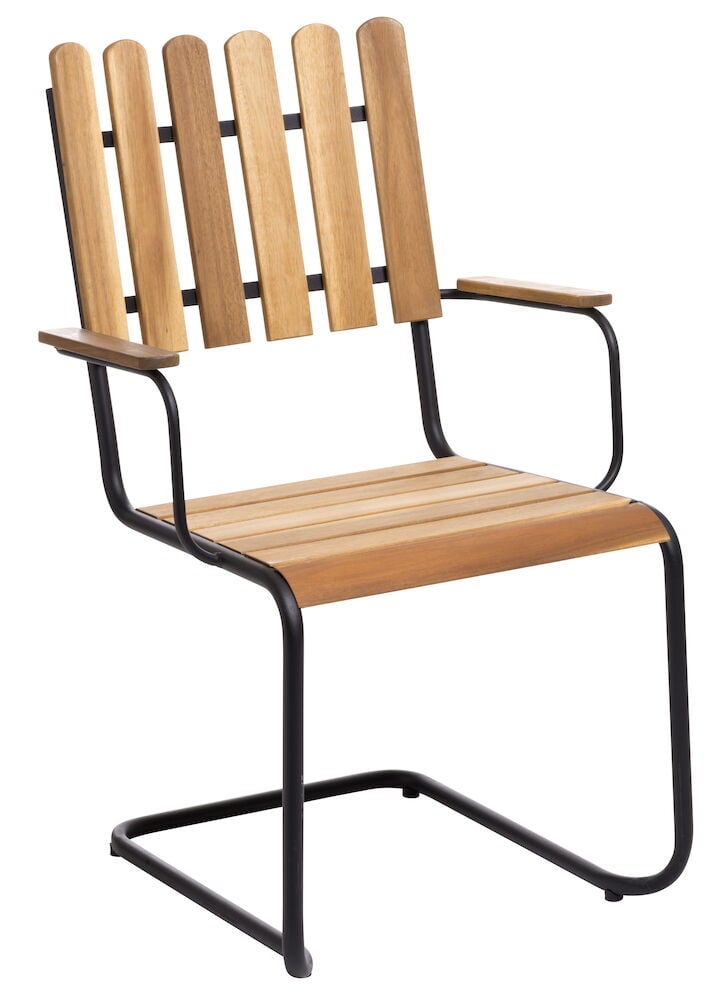 Stapelbar stol i akaciaträ med svart metallram.
