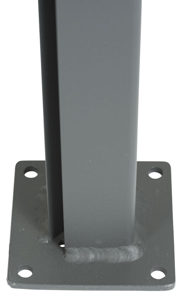 Grauer Aluminium-Eckpfosten mit quadratischer Bodenplatte.