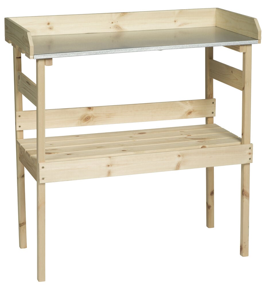 Istutuspöytä vaaleasta puusta, jossa hylly alapuolella.