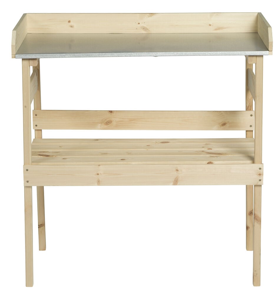 Istutuspöytä vaaleasta puusta, jossa on sinkkilevy.