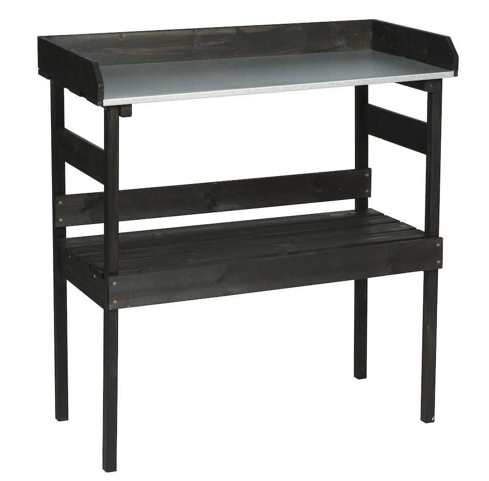 Musta istutuspöytä puusta, sinkkilevyllä ja hyllyllä.