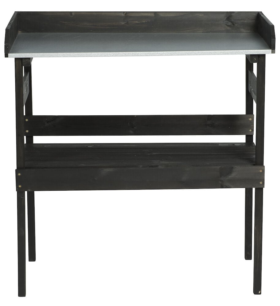 Musta istutuspöytä hyllyllä ja sinkkipinnalla.