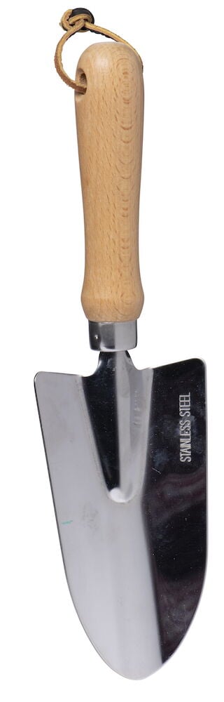 Plantingspade med treskaft og blankt blad.