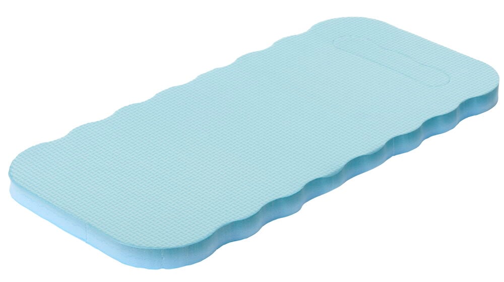 Hellblauer Knieschutz mit welligen Kanten und Griffen.