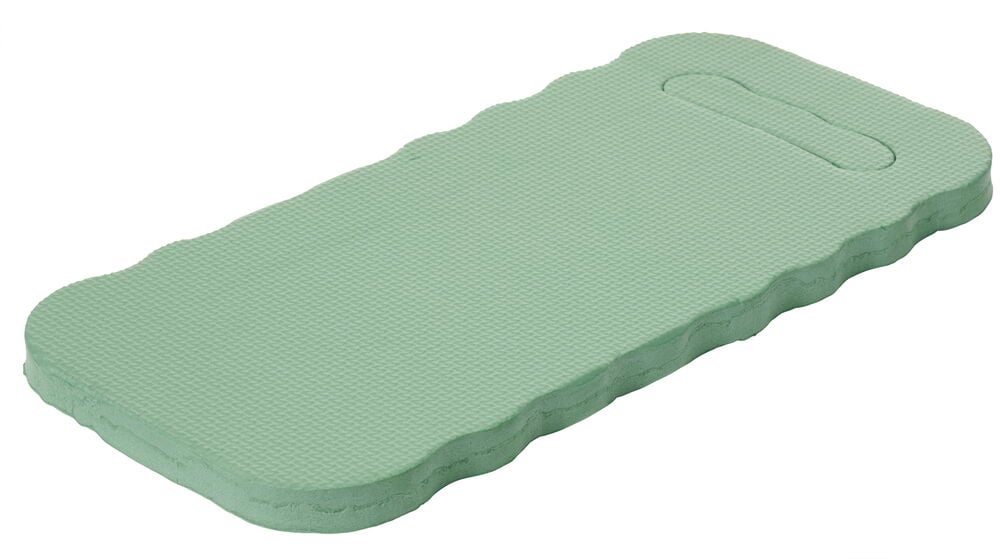 Grüne Kniebandage mit Griff für Gartenarbeit.