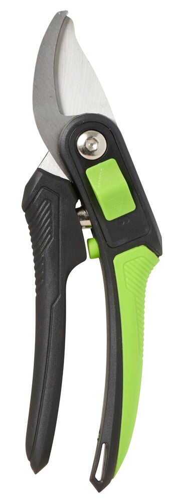 Grüne Astschere mit schwarzem Griff und Stahlklinge.