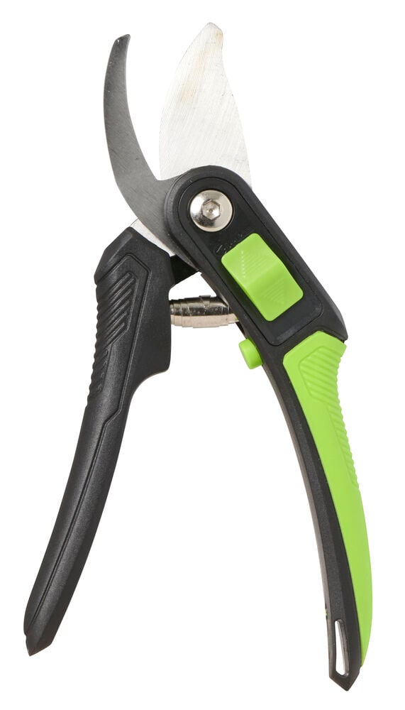 Grüne und schwarze Gartenschere mit rostfreien Klingen.