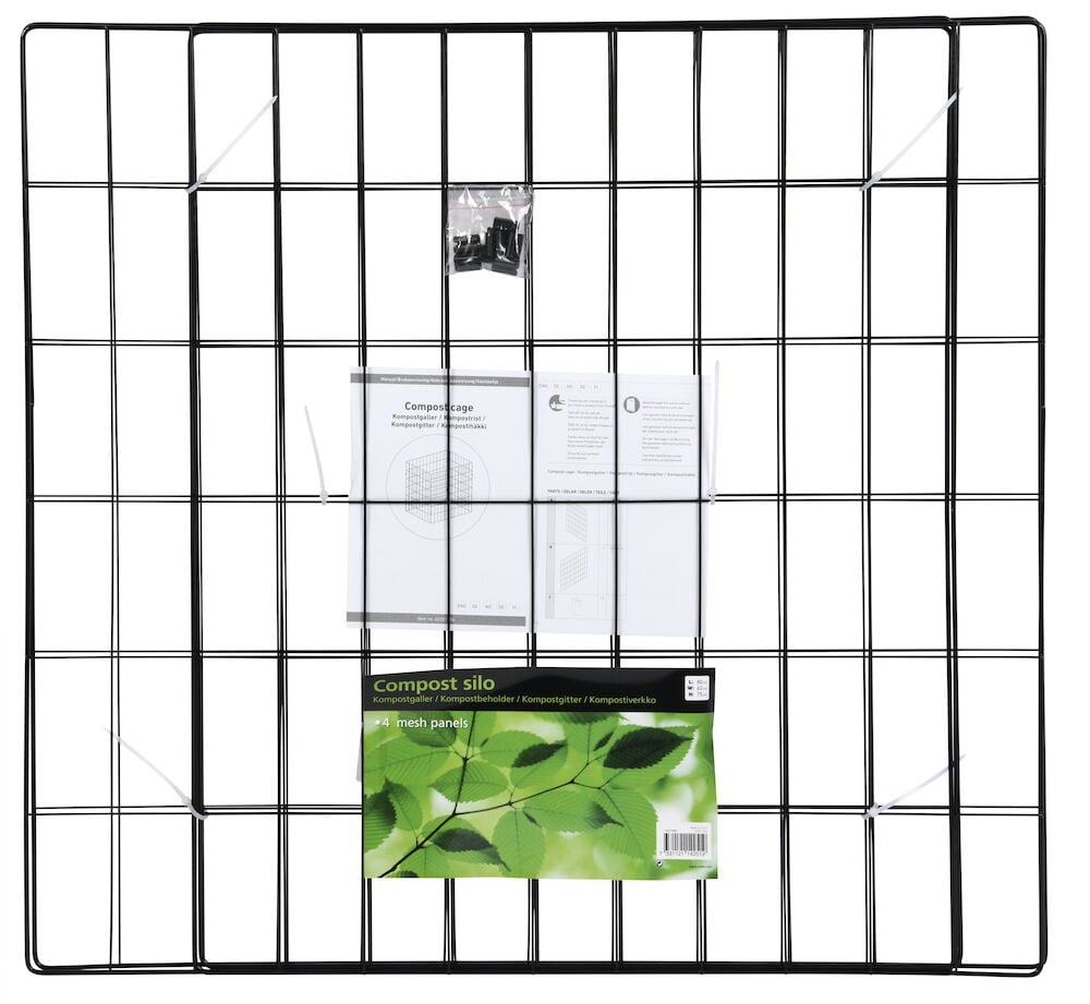 Schwarzes Stahlgitter für Kompost mit Montagedetails.