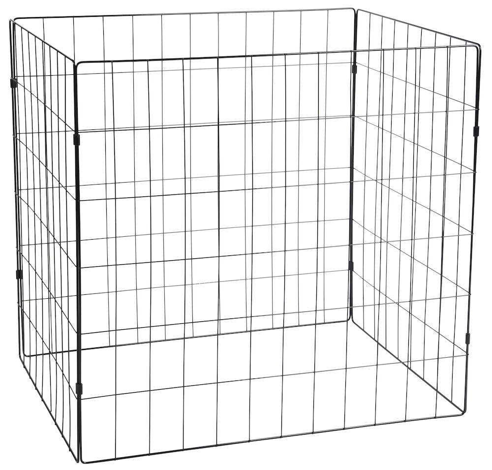 Schwarze Stahlkompostgitter mit vier Paneelen.