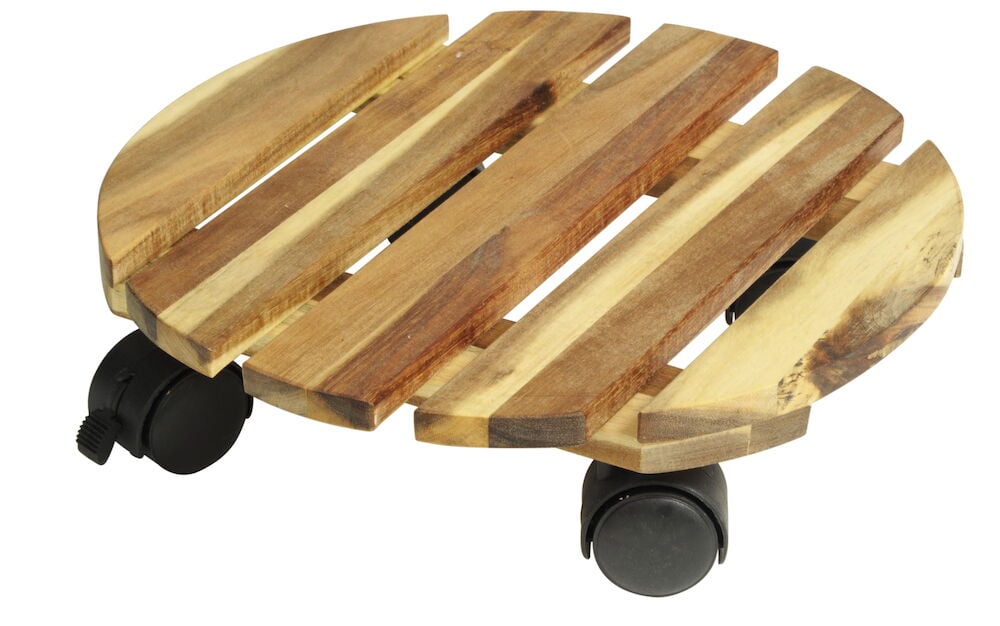 Runder Blumenwagen aus Akazienholz mit Rädern.