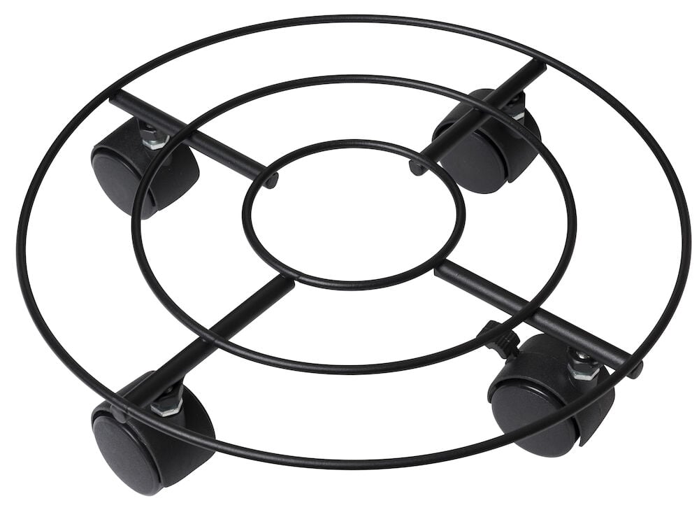 Runder schwarzer Blumenwagen aus Stahl mit vier Rädern.