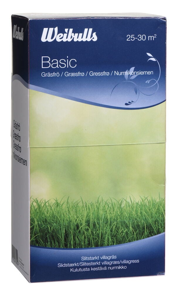 Blå förpackning gräsfrö Weibulls Basic med gräsmatta.