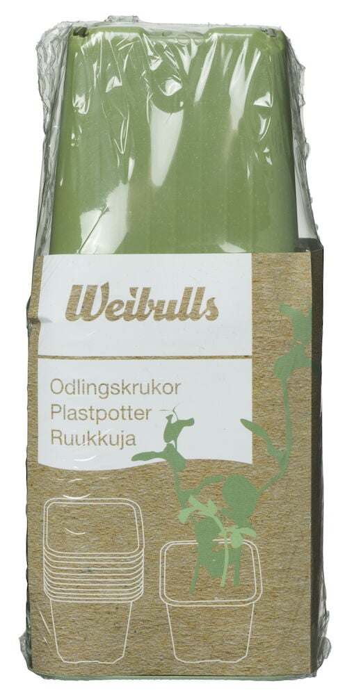 Grüne quadratische Plastikblumentöpfe in Plastikverpackung gestapelt.