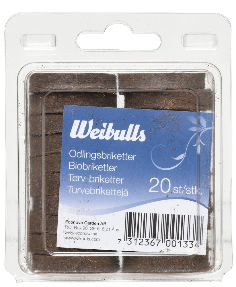 Zwanzig braune Anzuchtbriketts in transparenter Kunststoffverpackung.