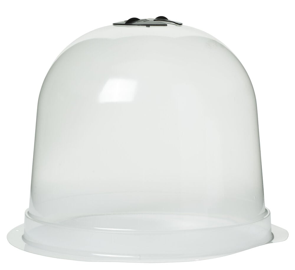 Transparente Anzuchtglocke mit Ventil, rund und kuppelförmig.