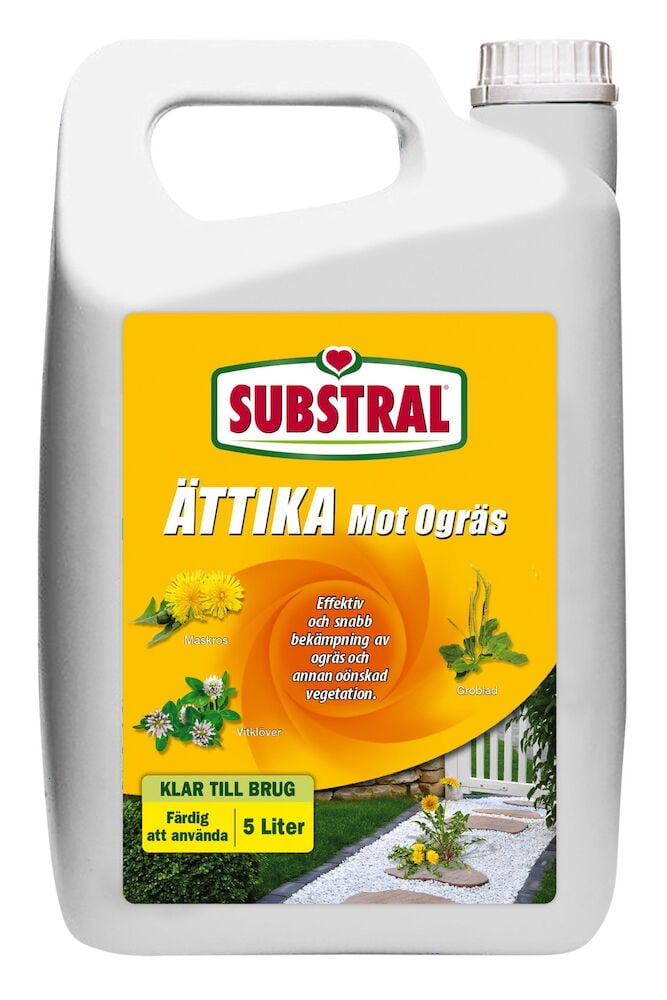 Vit dunk med gul Substral etikett för ogräsbekämpning.