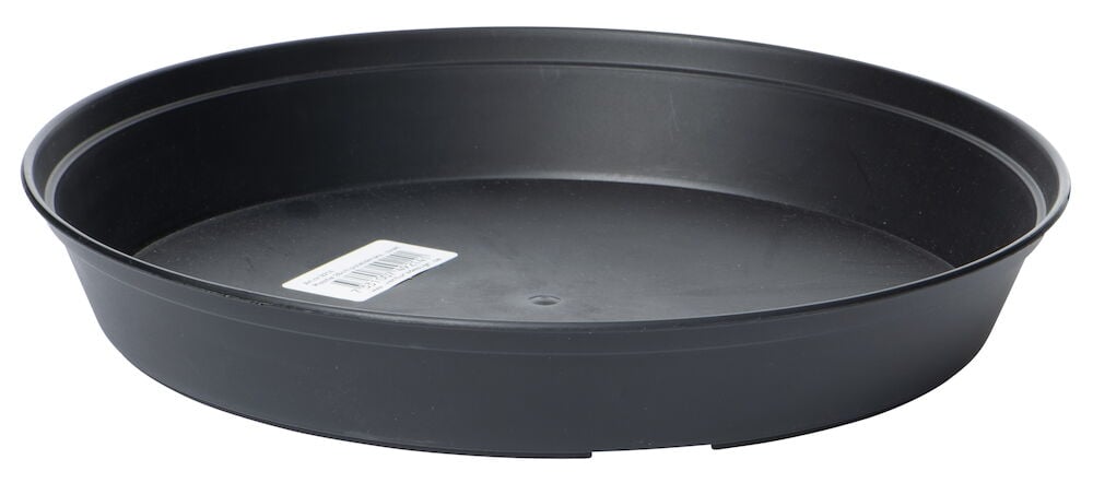 Schwarzes rundes Tablett aus Kunststoff mit Etikett.