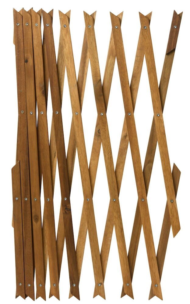 Hopfällbar spaljé i brunt akaciaträ mot vit bakgrund.