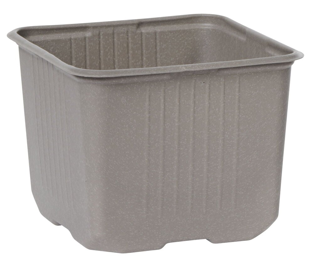 Grauer quadratischer Kunststofftopf mit leichter Struktur.