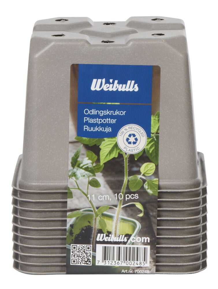 Tio grå fyrkantiga plastkrukor för odling.
