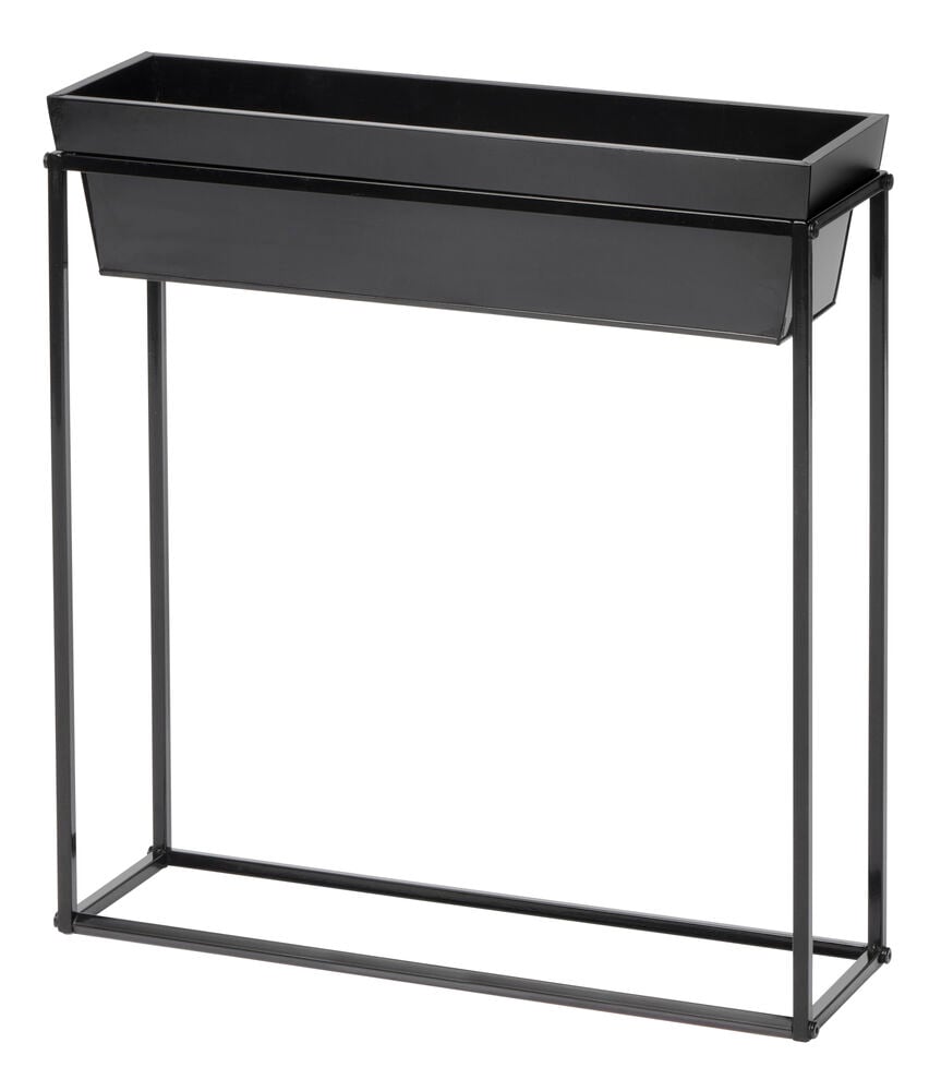 Svart metallpiedestal med planteringslåda, modern minimalistisk design.