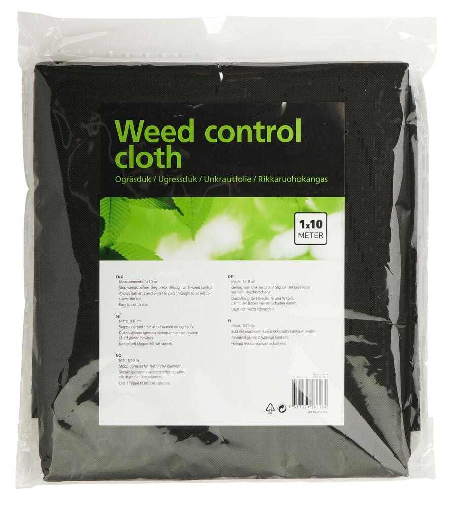 Förpackad ogräsduk med etikett och produktinformation.