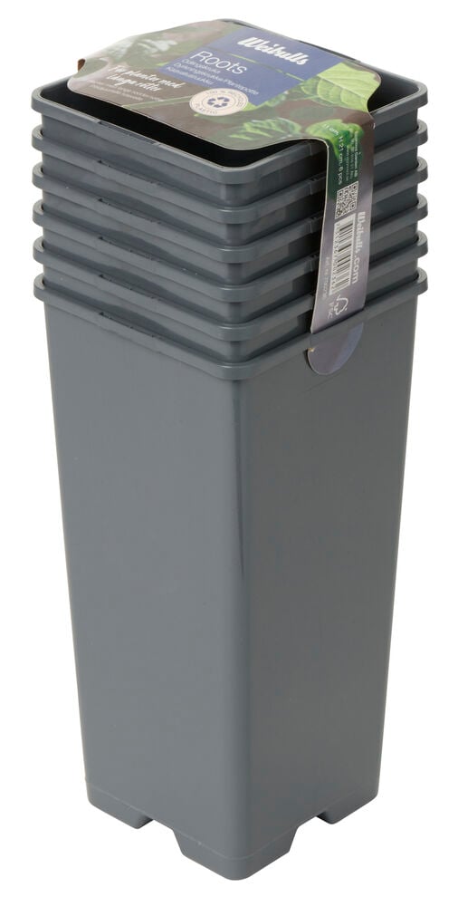 Sex grå fyrkantiga plastkrukor staplade på varandra.