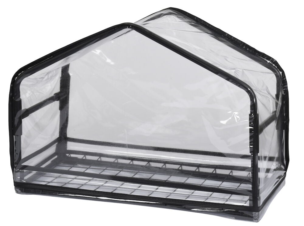 Pieni musta kasvihuone läpinäkyvällä päällysteellä.