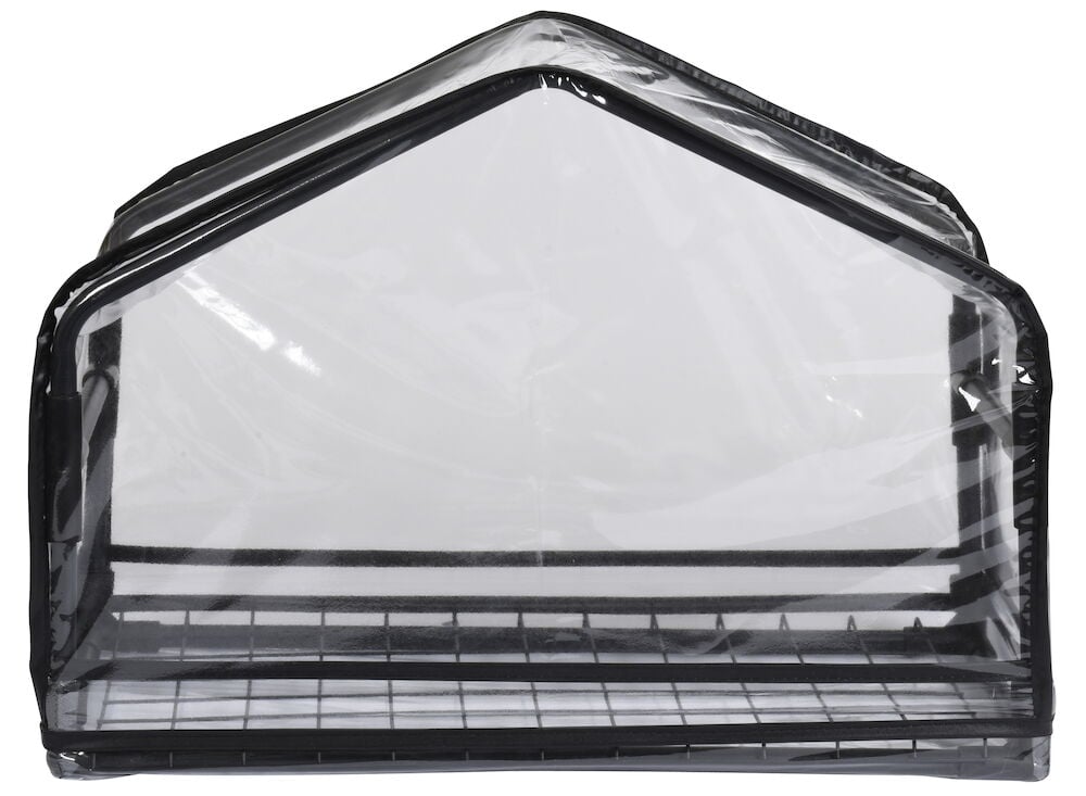 Musta minikasvihuone läpinäkyvällä PVC-päällysteellä.