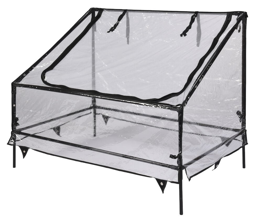 Suorakulmainen kasvihuone, jossa on läpinäkyvä päällyste ja musta runko.