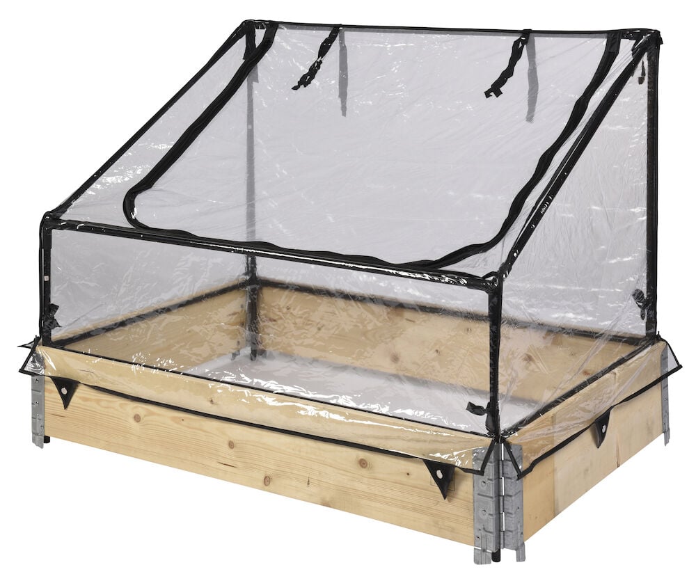 Kasvihuone, jossa on teräs- ja PVC-runko.