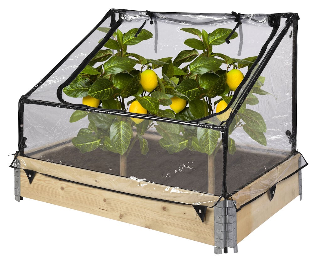 Kasvihuone PVC-päällysteellä viljelylaatikon ja kasvien päällä.