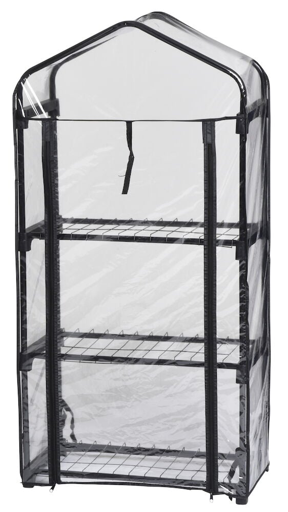 Musta parvekehuonekasvihuone, jossa kolme hyllyä ja muovipeite.