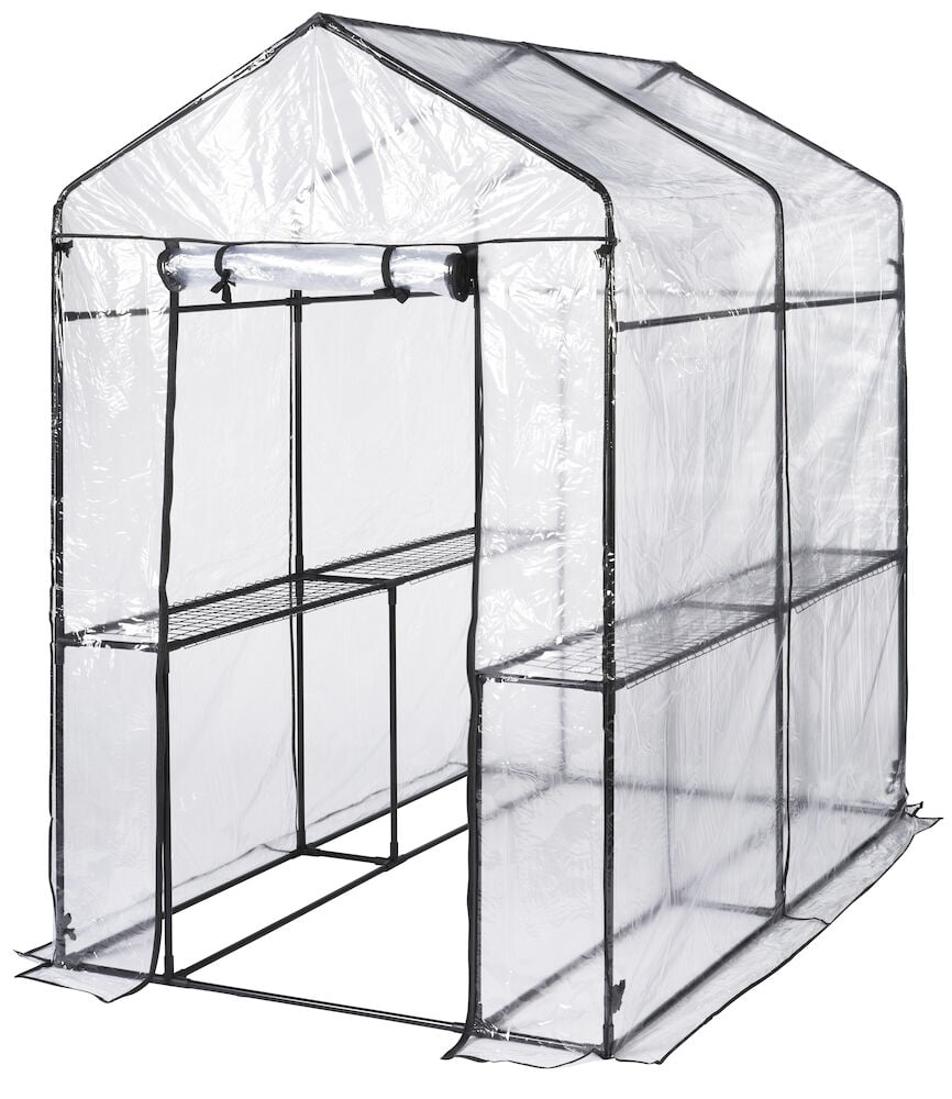 Pieni kasvihuone, joka on valmistettu läpinäkyvästä PVC:stä ja lankahyllyistä.