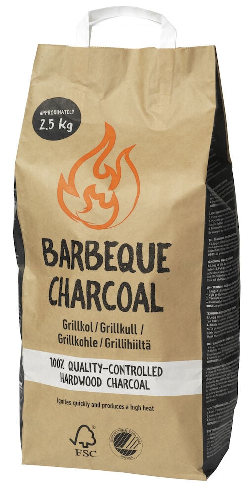 Braune Papiertüte mit Grillkohle und Griff oben.