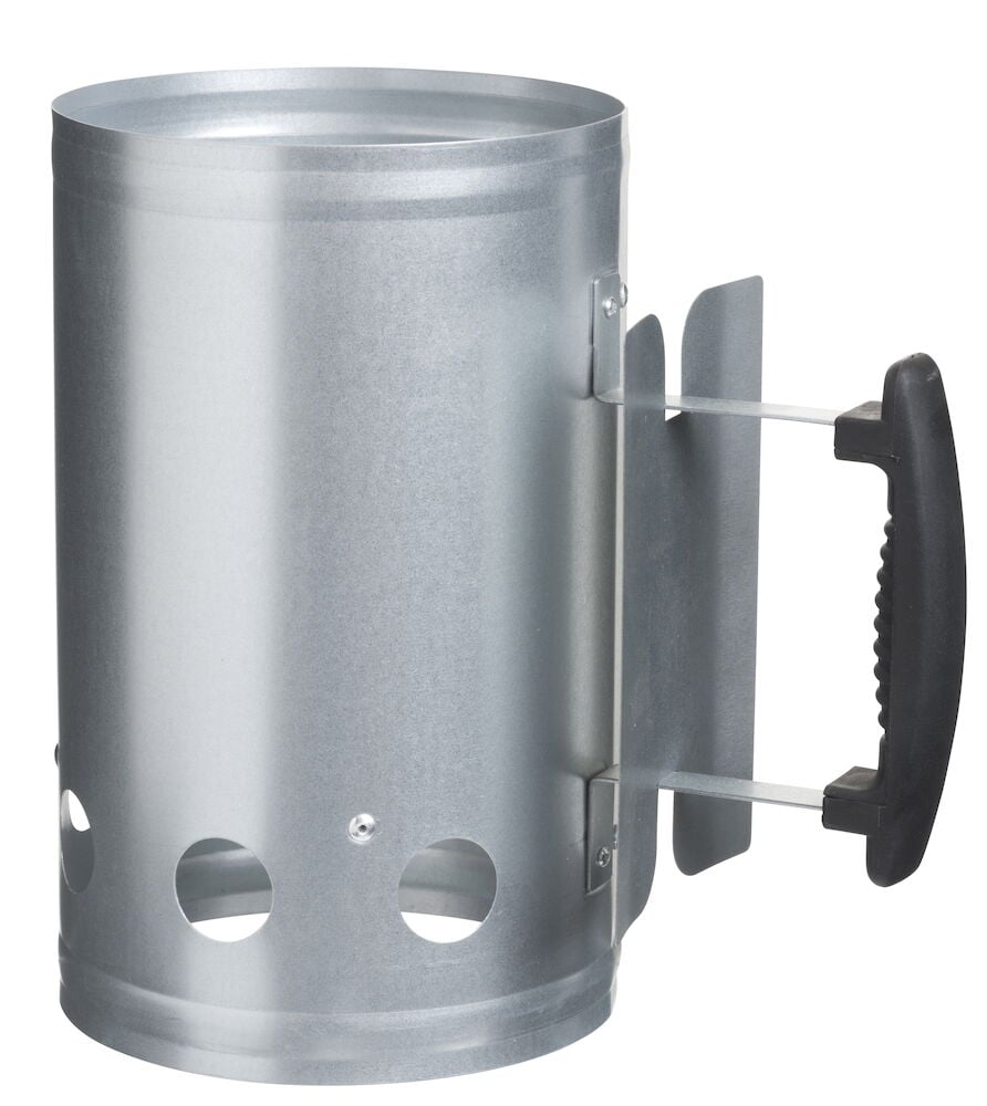 Metallfarget grillstarter med svart håndtak og ventilasjonshull.