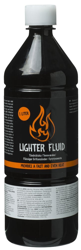 Schwarze Flasche mit weißem Deckel für Anzündflüssigkeit.