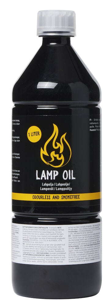 Schwarze Plastikflasche Lampenöl mit gelbem Etikett und Verschluss.