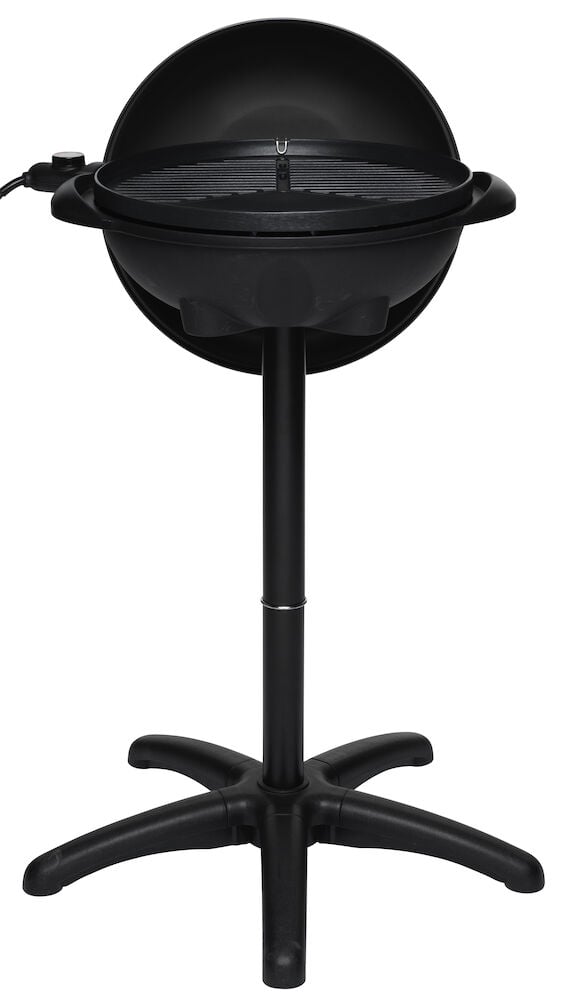 Svart elgrill med rund lock och stativ.