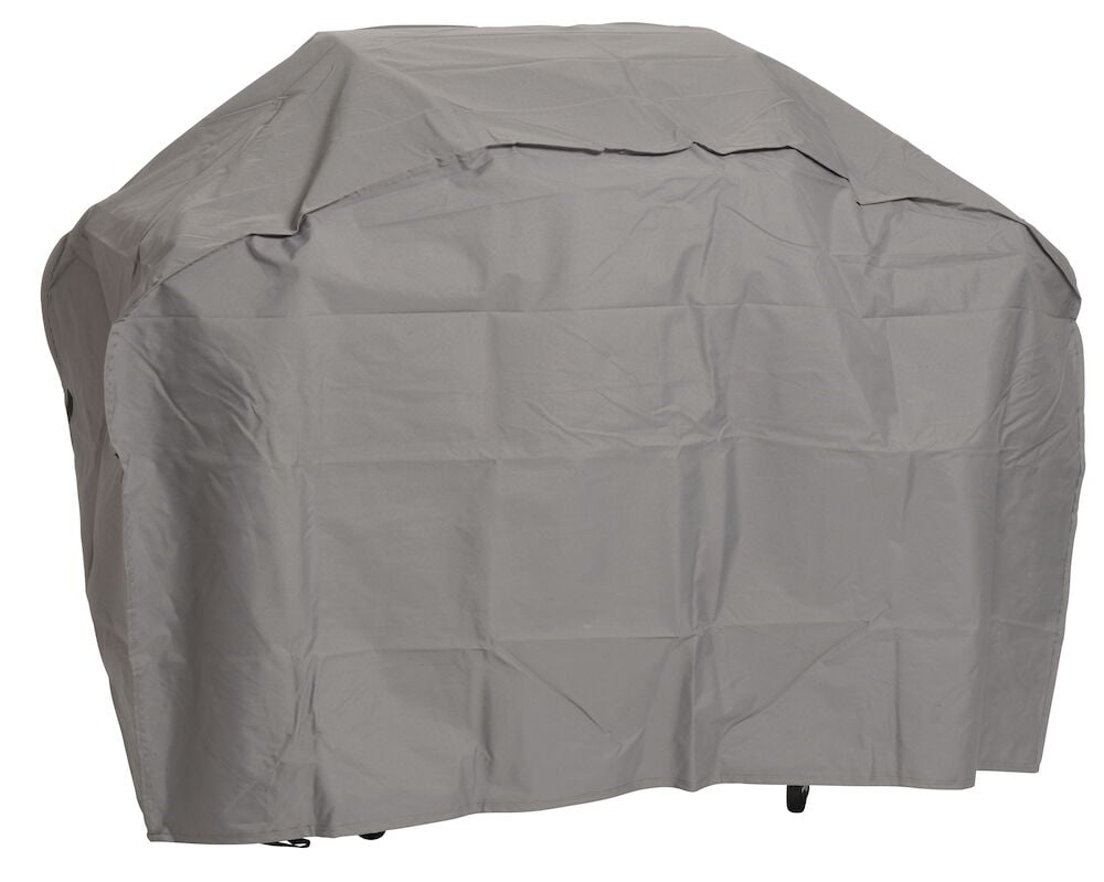 Graue, wasserabweisende Grillabdeckung in mittlerer Größe für den Außenbereich.
