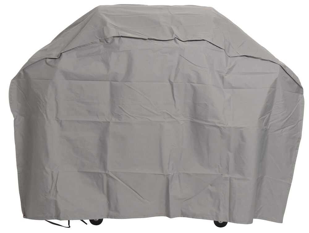 Graue Grillabdeckung aus wasserabweisendem Polyester für den Außenbereich.