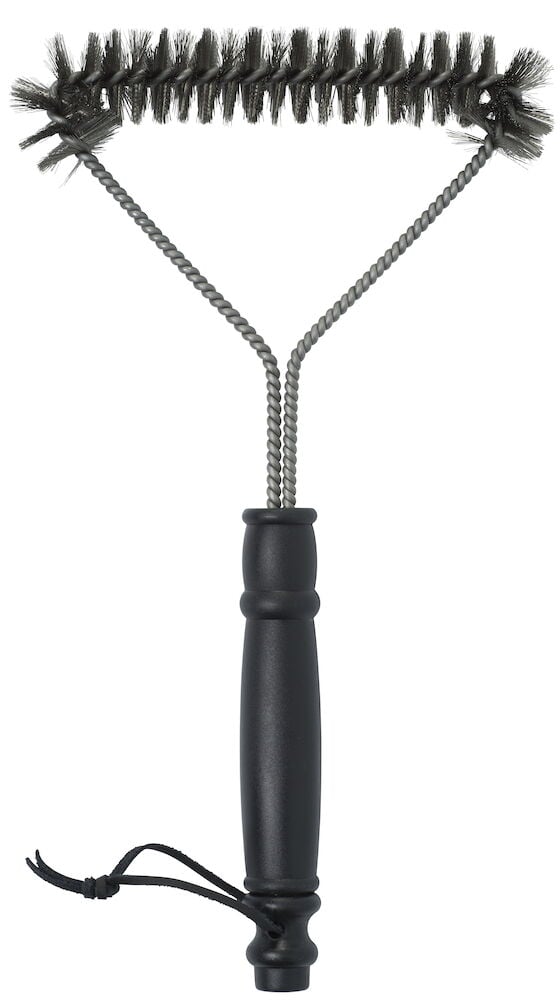 Svart grillbørste med børster for rengjøring av grillrist.