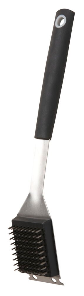 Schwarze Grillbürste mit langem Griff und Bürstenkopf.