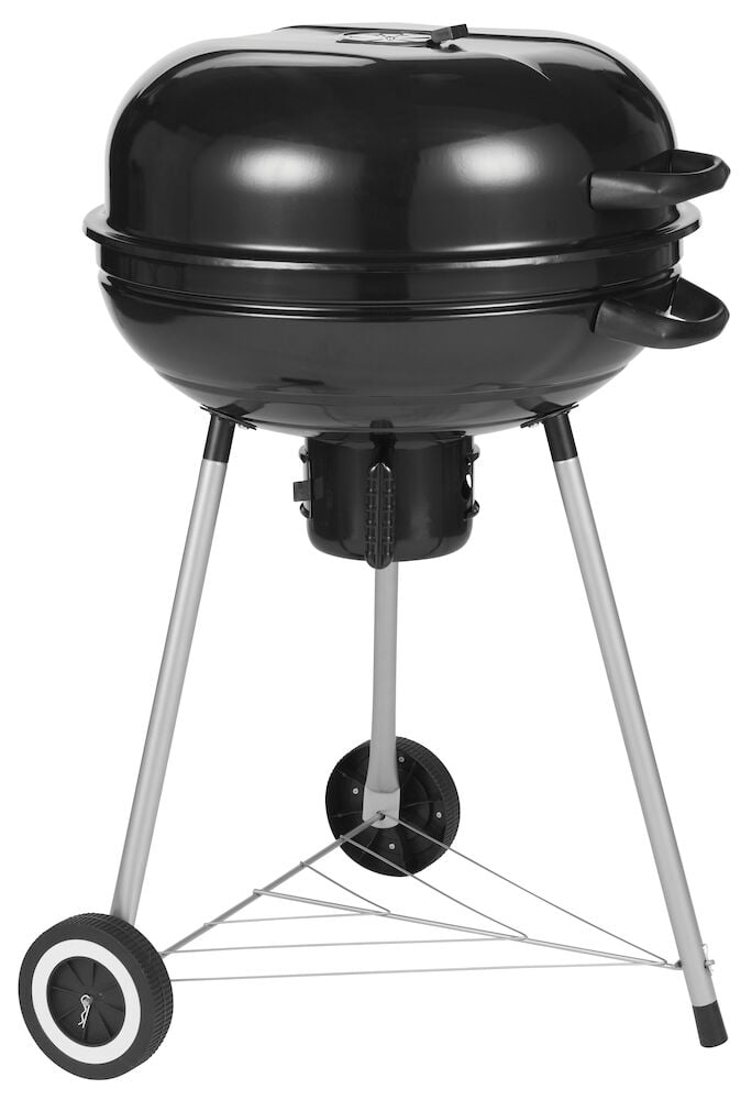 Svart rund kullgrill med lokk og hjul.